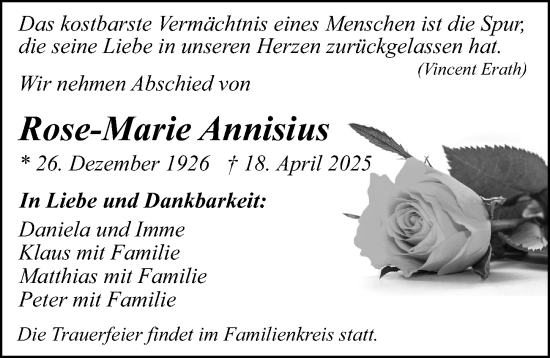 Traueranzeige von Rose-Marie Annisius von Sächsische Zeitung
