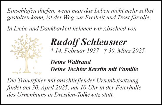 Traueranzeige von Rudolf Schleusner von Sächsische Zeitung