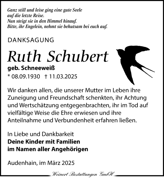 Traueranzeige von Ruth Schubert von Torgauer Zeitung