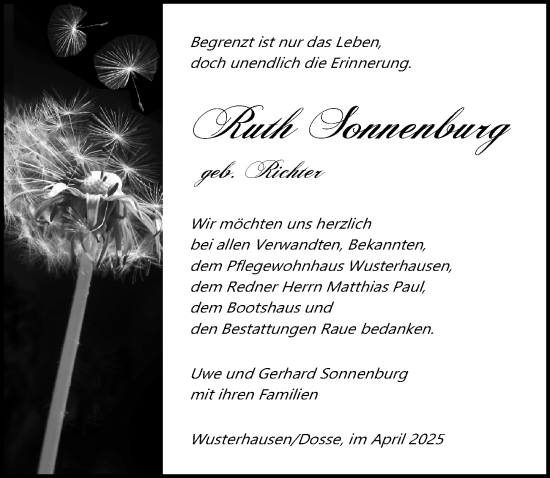 Traueranzeige von Ruth Sonnenburg von Wochenspiegel