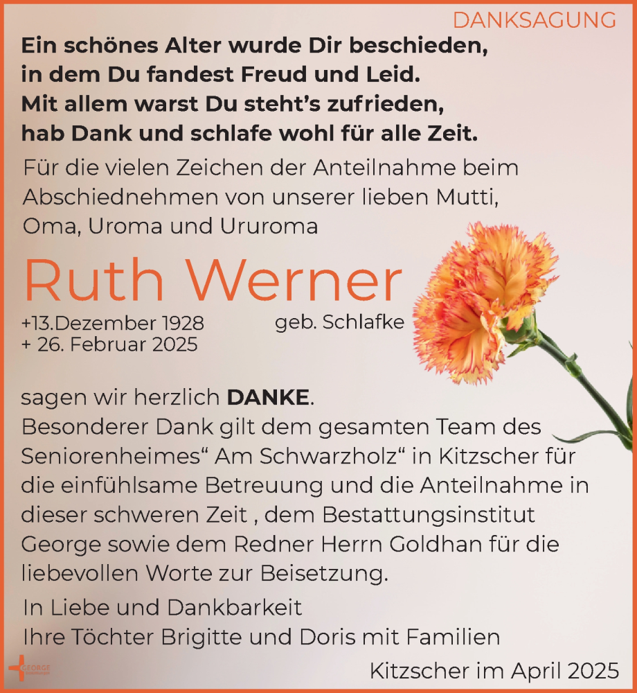  Traueranzeige für Ruth Werner vom 12.04.2025 aus Leipziger Volkszeitung