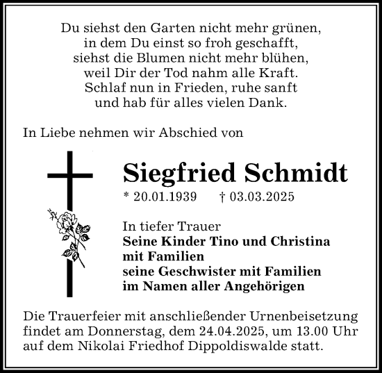 Traueranzeige von Siegfried Schmidt von Sächsische Zeitung