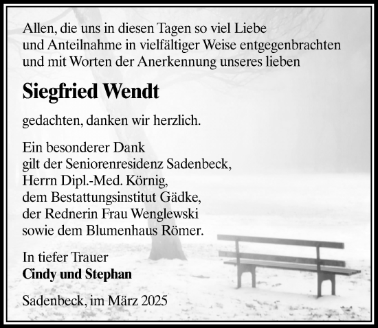 Traueranzeige von Siegfried Wendt von Wochenspiegel