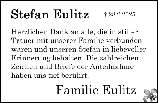 Traueranzeige von Stefan Eulitz von Ostsee-Zeitung GmbH