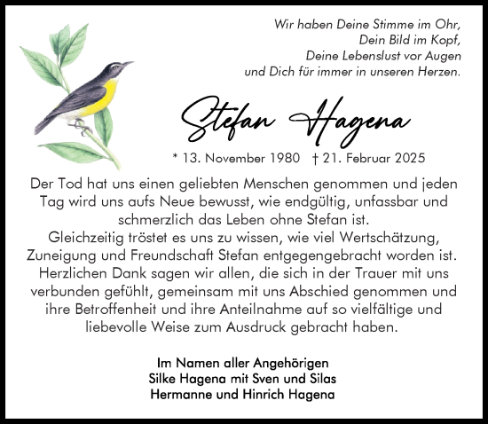 Traueranzeige von Stefan Hagena von Hannoversche Allgemeine Zeitung/Neue Presse