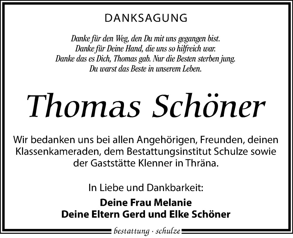  Traueranzeige für Thomas Schöner vom 12.04.2025 aus Leipziger Volkszeitung