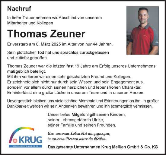 Traueranzeige von Thomas Zeuner von Sächsische Zeitung