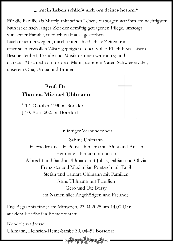 Traueranzeige für Thomas Michael Uhlmann vom 19.04.2025 aus Leipziger Volkszeitung