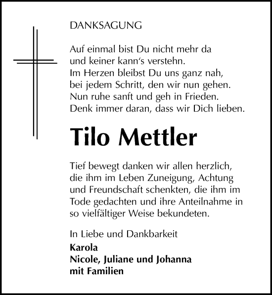 Traueranzeige von Tilo Mettler von Torgauer Zeitung