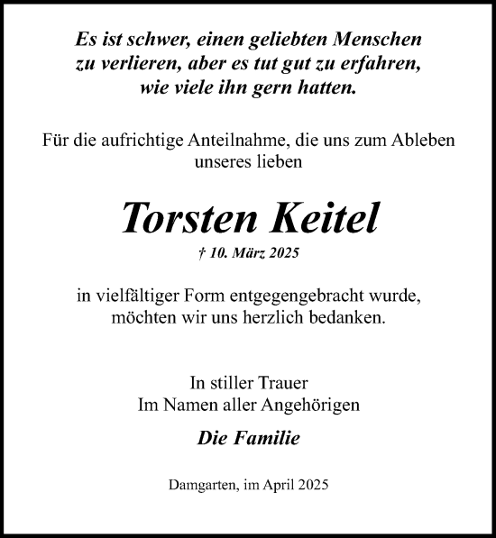 Traueranzeige von Torsten Keitel von Ostsee-Zeitung GmbH