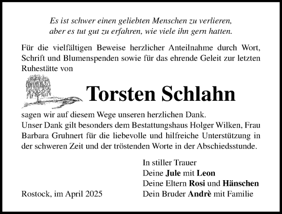 Traueranzeige von Torsten Schlahn von Ostsee-Zeitung GmbH