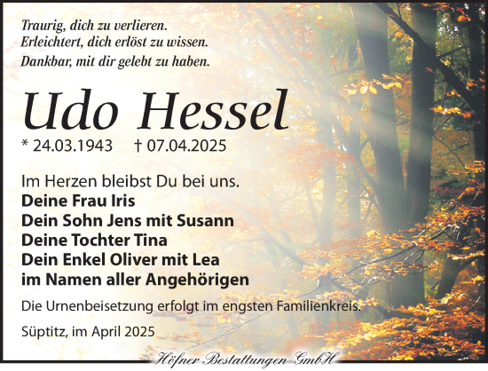 Traueranzeige von Udo Hessel von Torgauer Zeitung