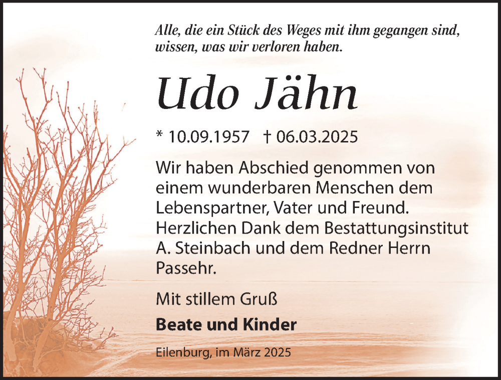  Traueranzeige für Udo Jähn vom 05.04.2025 aus Leipziger Volkszeitung