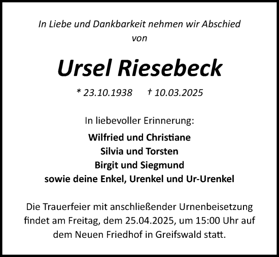 Traueranzeige von Ursel Riesebeck von Ostsee-Zeitung GmbH