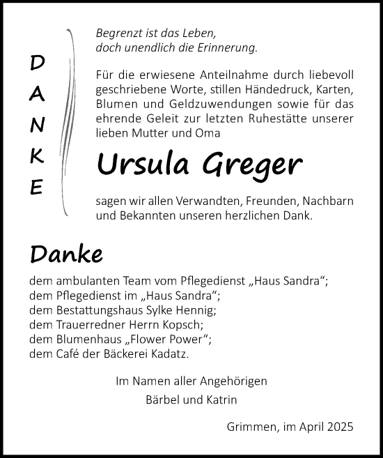 Traueranzeige von Ursula Greger von Ostsee-Zeitung GmbH
