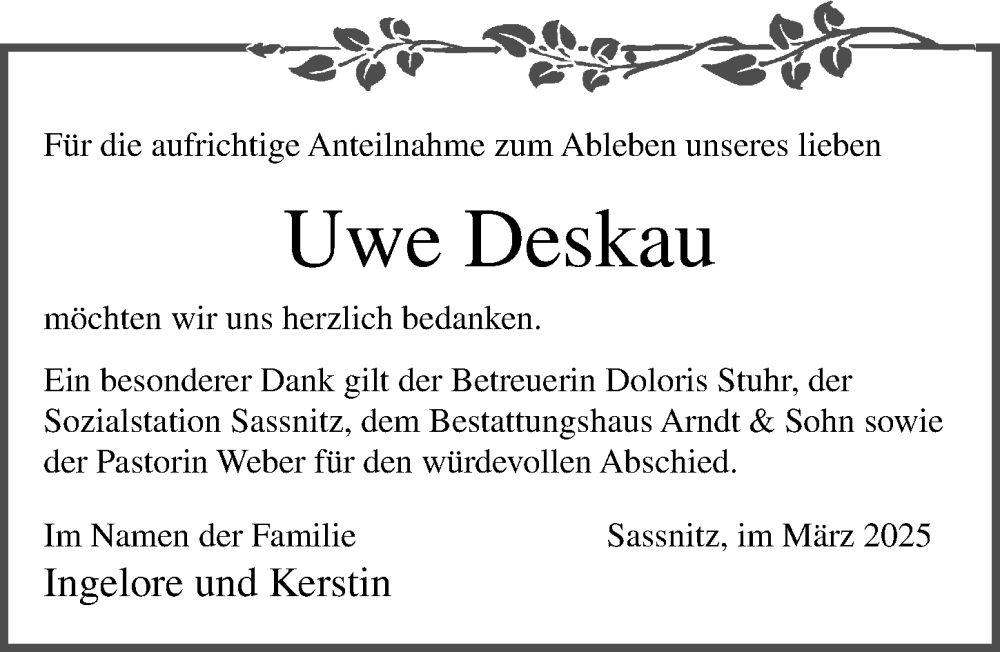  Traueranzeige für Uwe Deskau vom 05.04.2025 aus Ostsee-Zeitung GmbH