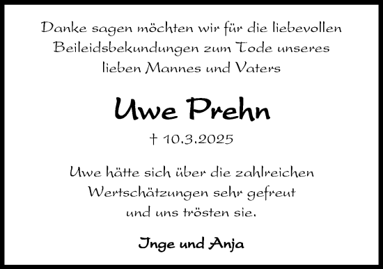 Traueranzeige von Uwe Prehn von Kieler Nachrichten