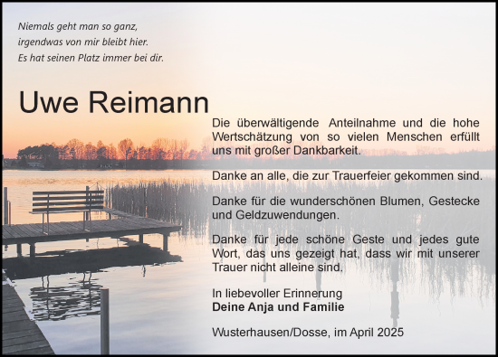 Traueranzeige von Uwe Reimann von Wochenspiegel