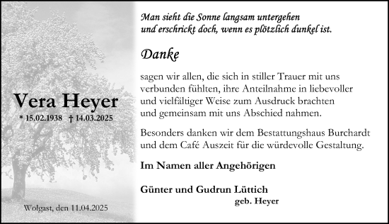 Traueranzeige von Vera Heyer von Ostsee-Zeitung GmbH