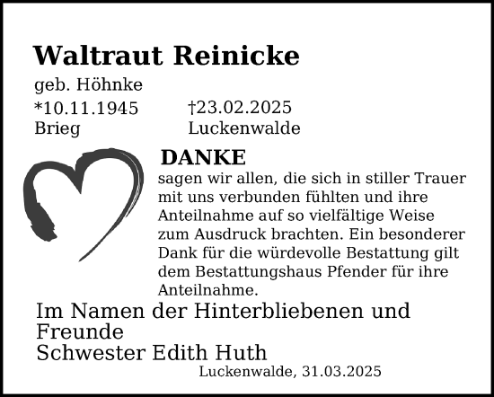 Traueranzeige von Waltraut Reinicke von Märkischen Allgemeine Zeitung