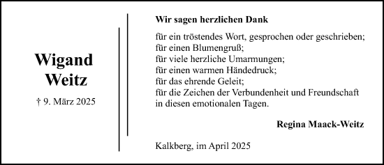 Traueranzeige von Wigand Weitz von Lübecker Nachrichten