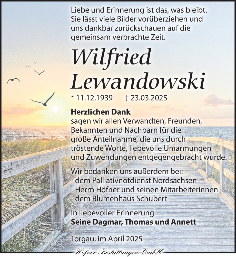  Traueranzeige für Wilfried Lewandowski vom 26.04.2025 aus Torgauer Zeitung