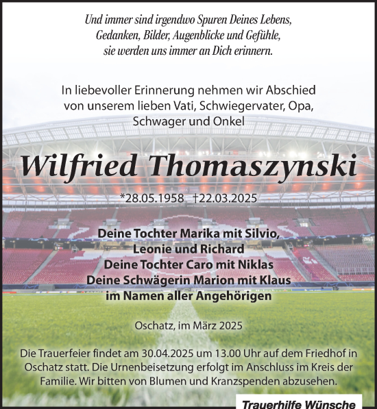 Traueranzeige von Wilfried Thomaszynski von Leipziger Volkszeitung