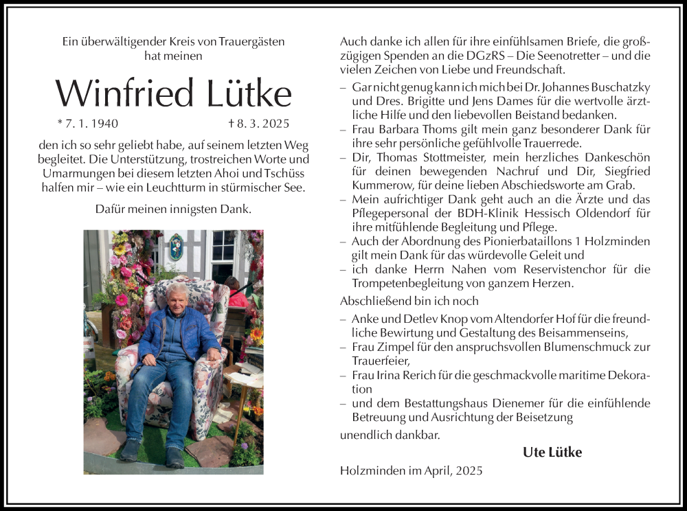  Traueranzeige für Winfried Lütke vom 26.04.2025 aus Täglicher Anzeiger Holzminden
