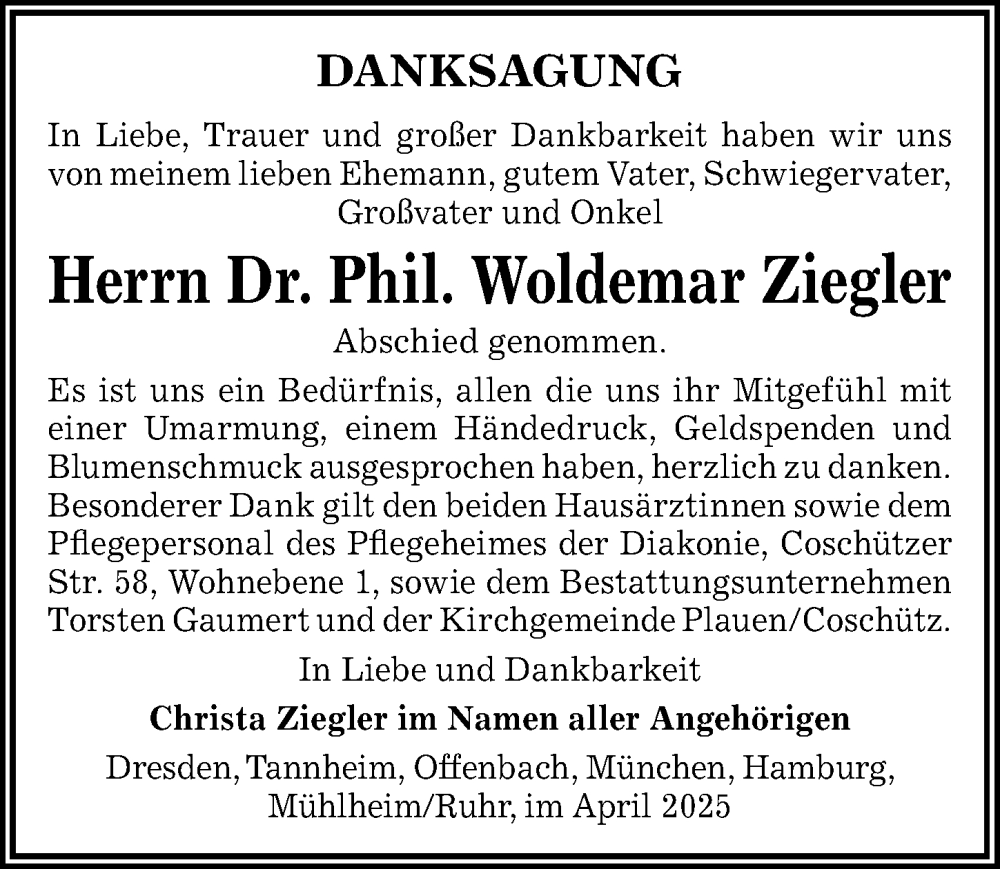  Traueranzeige für Woldemar Ziegler vom 12.04.2025 aus Sächsische Zeitung