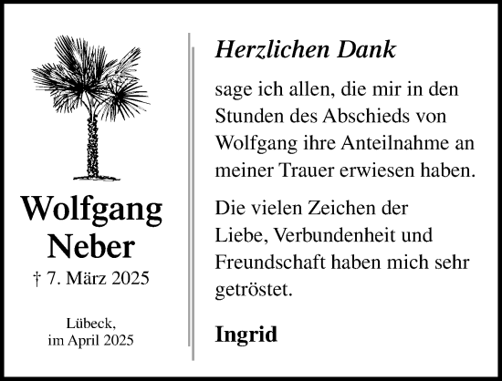 Traueranzeige von Wolfgang Neber von Lübecker Nachrichten