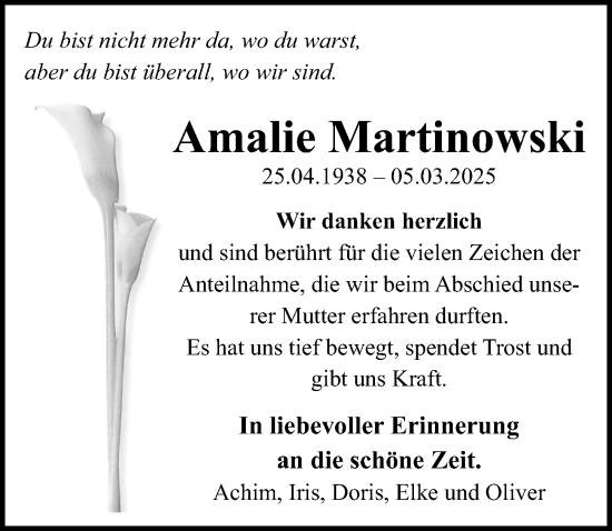 Traueranzeige von Amalie Martinowski von Aller Zeitung