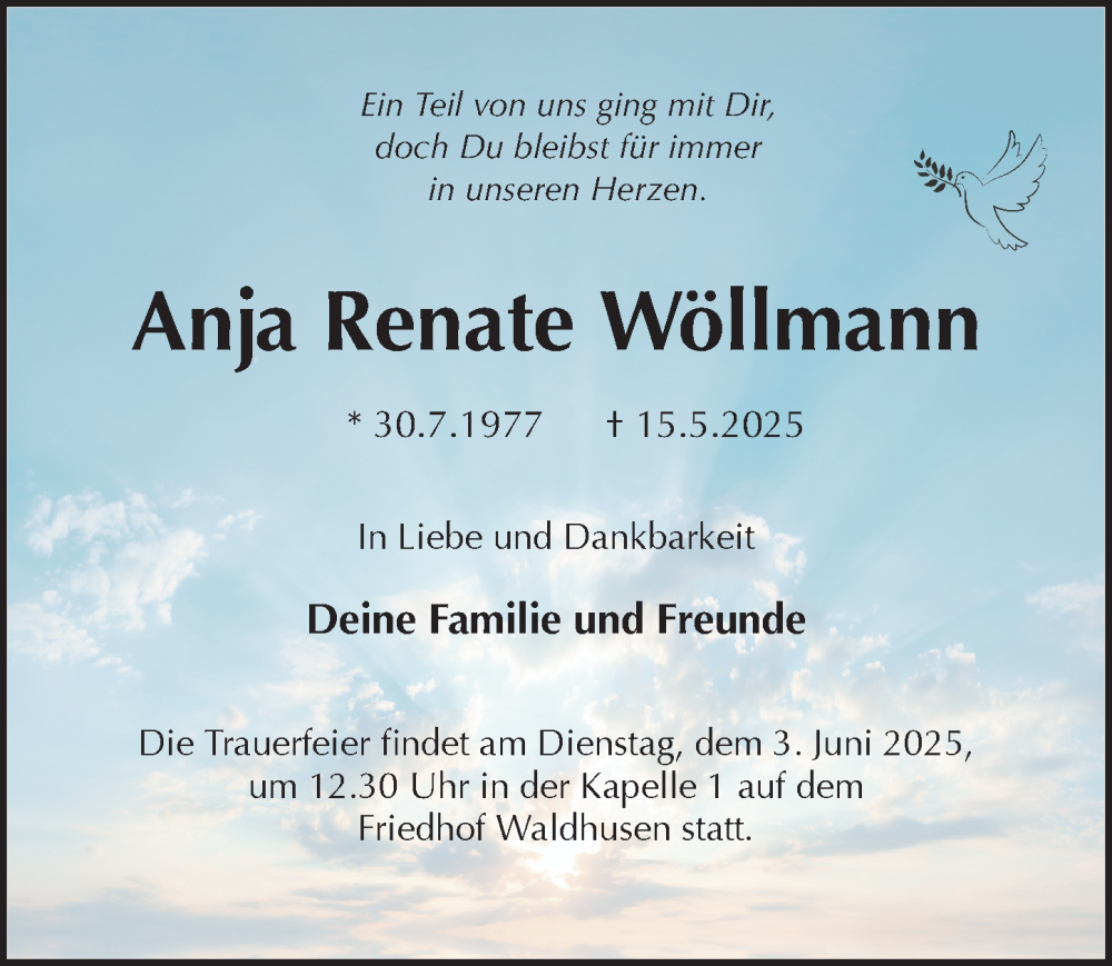  Traueranzeige für Anja Renate Wöllmann vom 25.05.2025 aus Lübecker Nachrichten