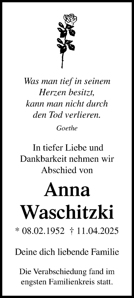Traueranzeige von Anna Waschitzki von Lübecker Nachrichten