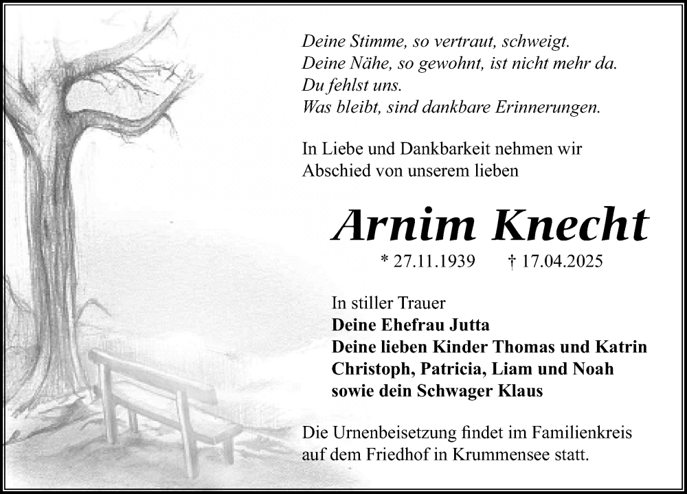  Traueranzeige für Arnim Knecht vom 03.05.2025 aus Märkischen Allgemeine Zeitung