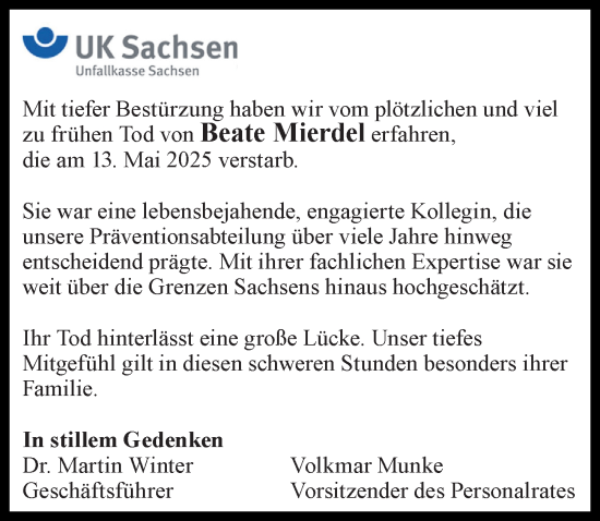 Traueranzeige von Beate Mierdel von Sächsische Zeitung