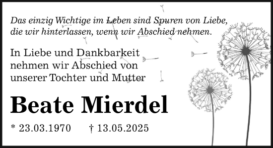 Traueranzeige von Beate Mierdel von Sächsische Zeitung