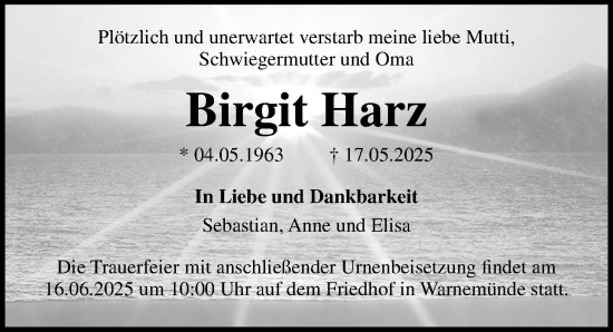 Traueranzeige von Birgit Harz von Ostsee-Zeitung GmbH