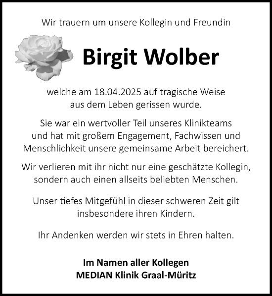 Traueranzeige von Birgit Wolber von Ostsee-Zeitung GmbH