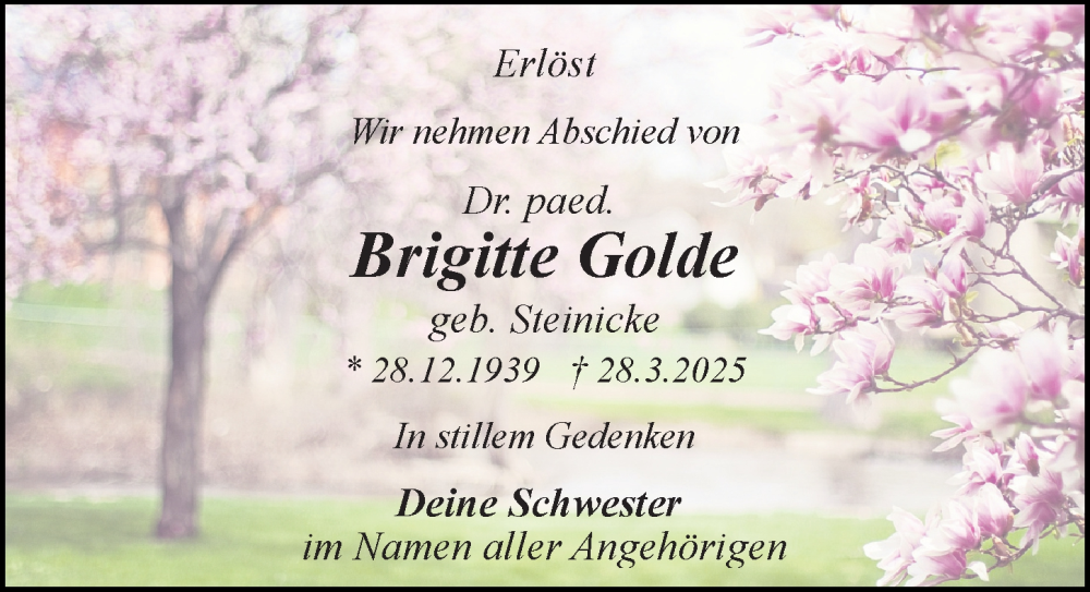  Traueranzeige für Brigitte Golde vom 05.04.2025 aus Sächsische Zeitung