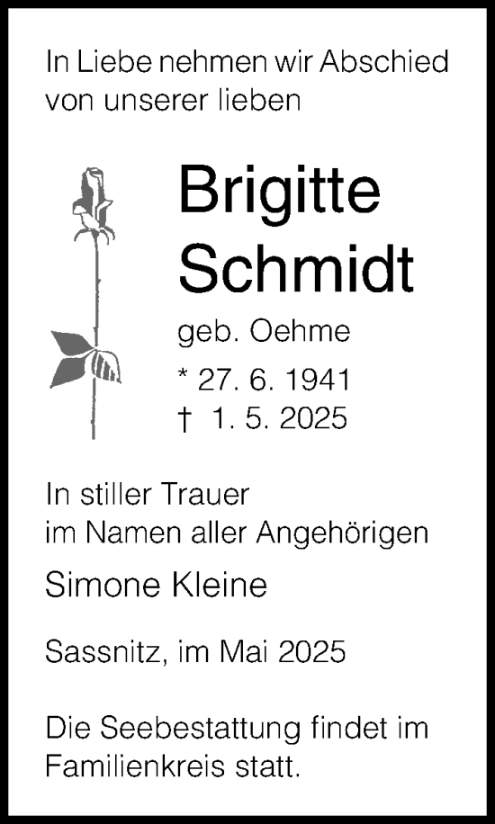 Traueranzeige von Brigitte Schmidt von Ostsee-Zeitung GmbH
