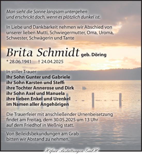 Traueranzeige von Brita Schmidt von Torgauer Zeitung