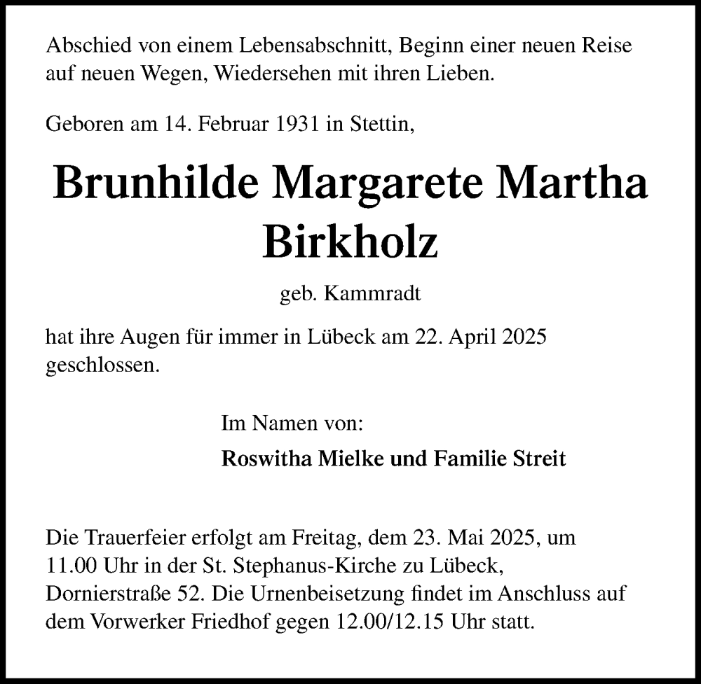  Traueranzeige für Brunhilde Margarete Martha Martha Birkholz vom 18.05.2025 aus Lübecker Nachrichten