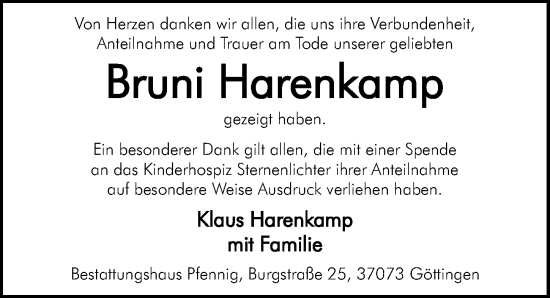 Traueranzeige von Bruni Harenkamp von Göttinger Tageblatt