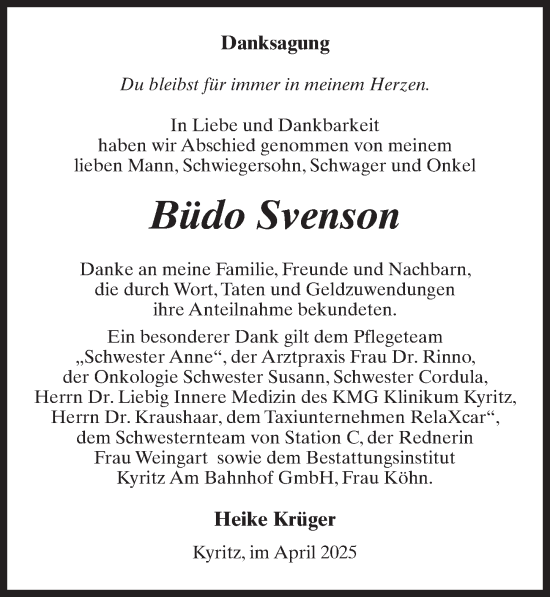 Traueranzeige von Büdo Svenson von Wochenspiegel
