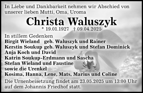 Traueranzeige von Christa Waluszyk von Sächsische Zeitung