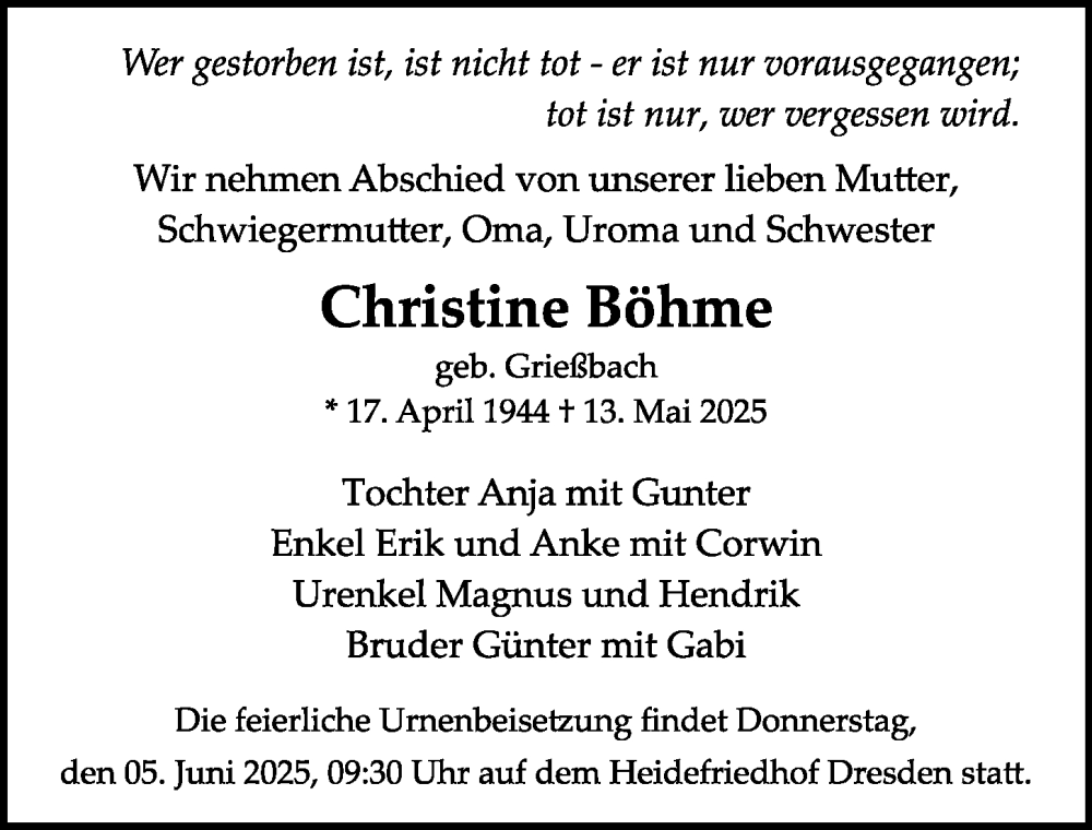  Traueranzeige für Christine Böhme vom 24.05.2025 aus Sächsische Zeitung