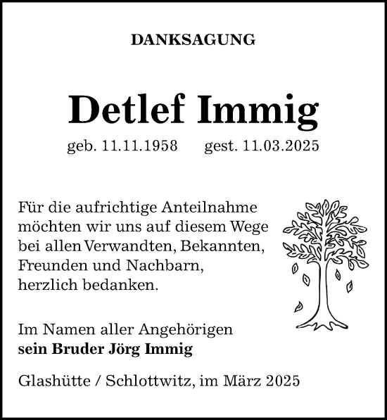 Traueranzeige von Detlef Immig von Sächsische Zeitung
