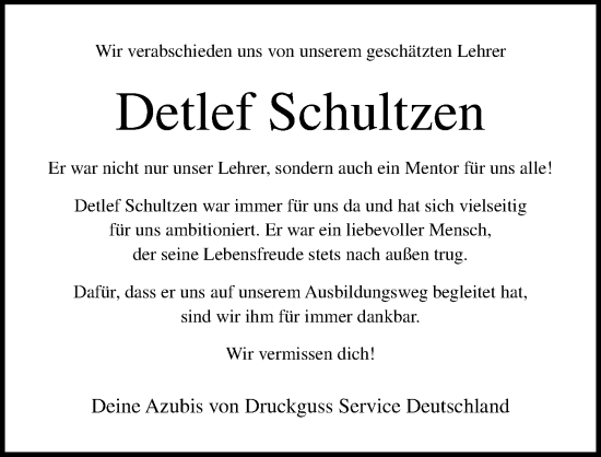 Traueranzeige von Detlef Schultzen von Lübecker Nachrichten