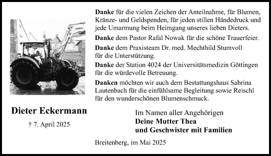 Traueranzeige von Dieter Eckermann von Eichsfelder Tageblatt