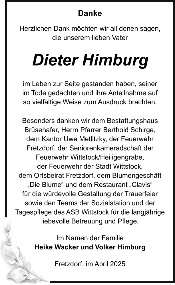  Traueranzeige für Dieter Himburg vom 03.05.2025 aus Wochenspiegel